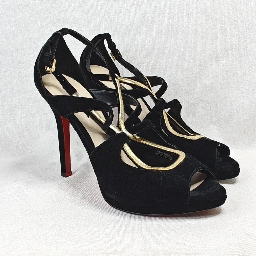 Zara Platform‎ Heels EU 40 Black Gold Snake Chain Strappy Peep Toe Red Sole